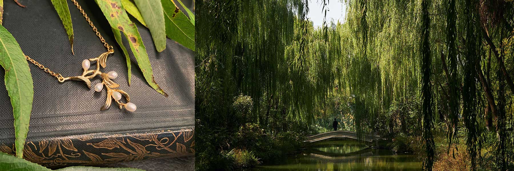 A gold necklace with pearl accents rests on a decorative book surrounded by green leaves; next to it is a lush, green park scene with a bridge under willow trees.