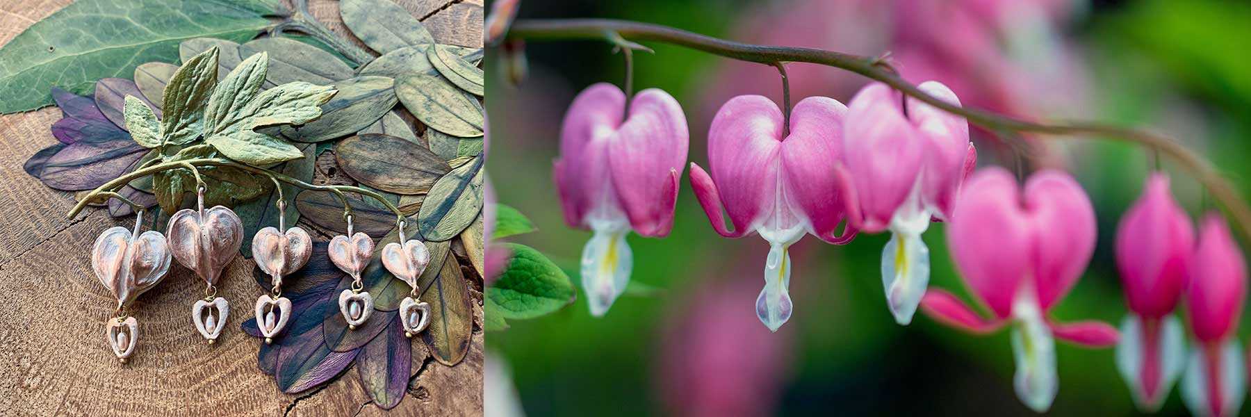 Close-up of jewelry shaped like heart-shaped flowers on the left and real pink heart-shaped flowers on the right, both displayed on natural backgrounds.
