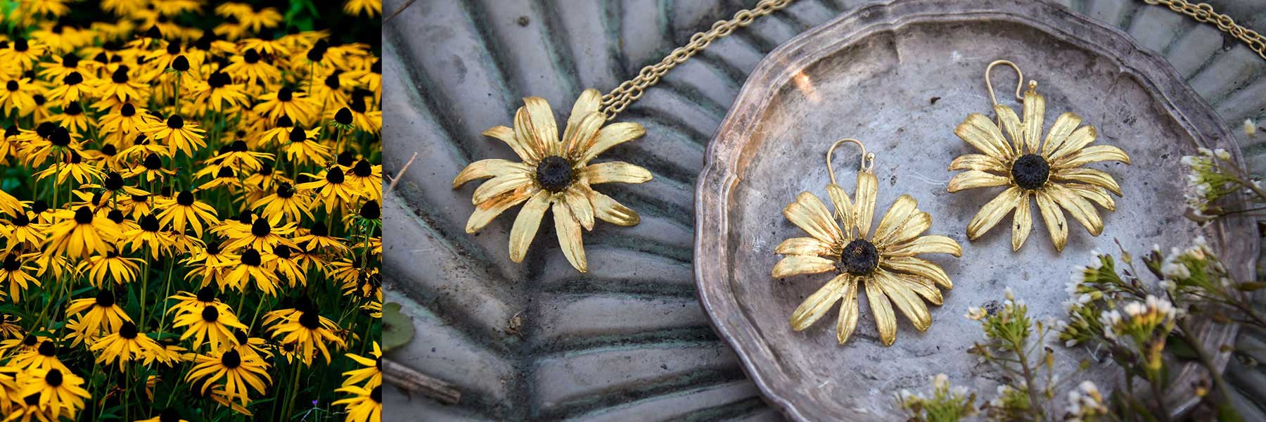 A field of yellow black-eyed Susan flowers on the left; on the right, a matching gold flower necklace and earrings are displayed on a silver dish.