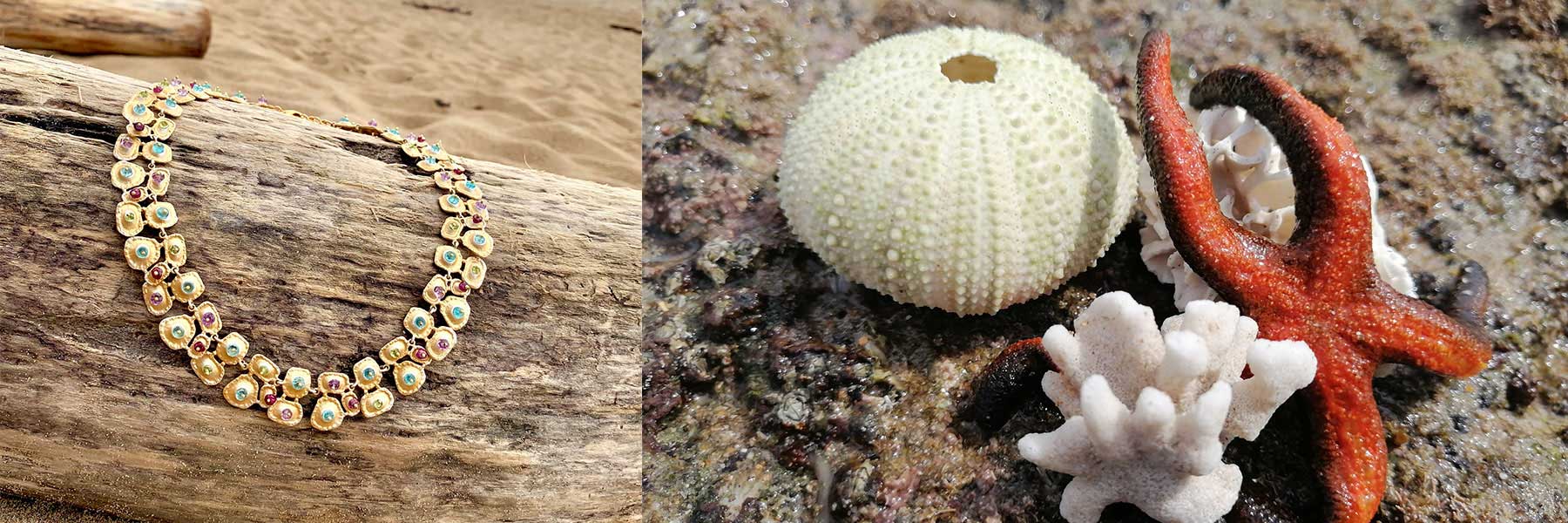 A beaded necklace on driftwood at the beach, next to a close-up of a sea urchin shell, red starfish, coral, and a seashell on wet sand.