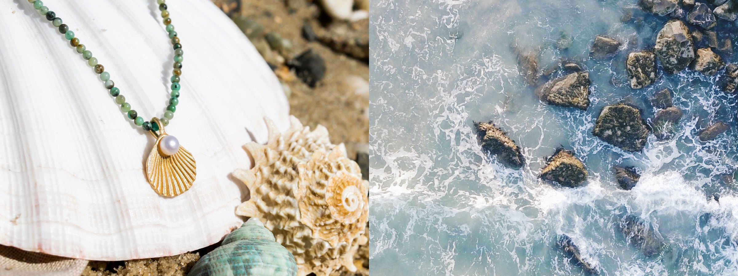 A gold shell pendant necklace with a pearl rests on a large seashell, next to smaller shells; adjacent is an aerial view of ocean waves and rocks.