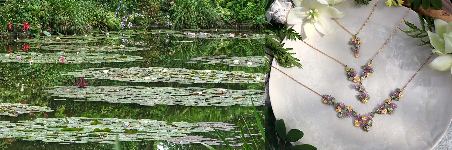 A pond with water lilies and surrounding greenery on the left; five floral-patterned jewelry pieces displayed on a light surface with flowers on the right.