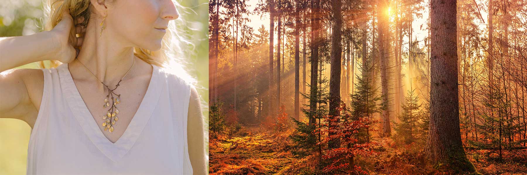 A woman wearing a tree branch necklace stands in sunlight; beside her, sunlight filters through trees in an autumn forest.