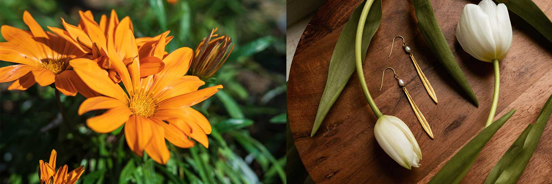 Close-up of orange flowers outdoors on the left; on the right, a pair of gold earrings and white tulips on a wooden surface.