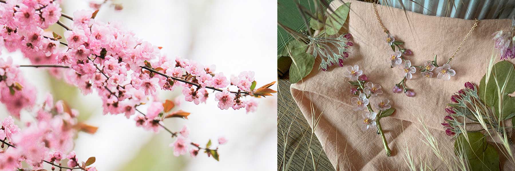 A split image showing a branch of pink cherry blossoms on the left and jewelry inspired by cherry blossoms arranged on fabric with dried leaves on the right.