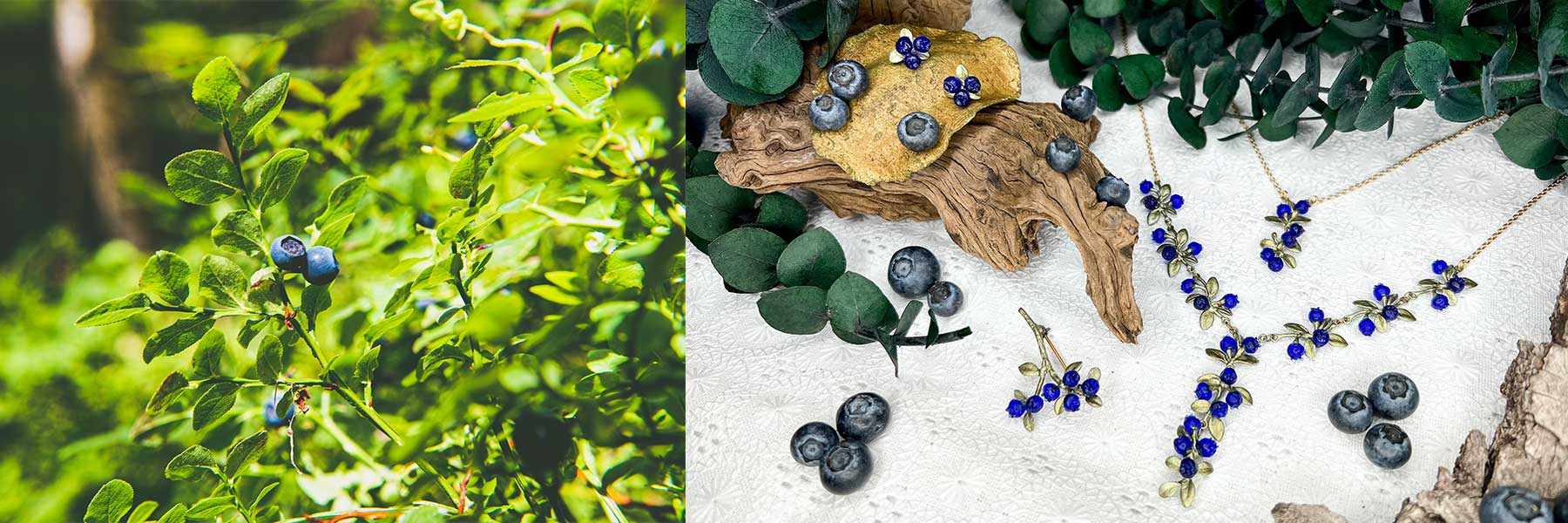 Close-up of blueberries on a plant next to an arrangement of jewelry and accessories designed to resemble blueberries, displayed with leaves and wooden pieces.