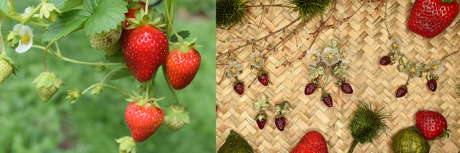 Close-up of strawberries growing on a plant (left) and strawberry-themed earrings displayed on a woven mat with decorative leaves and flowers (right).