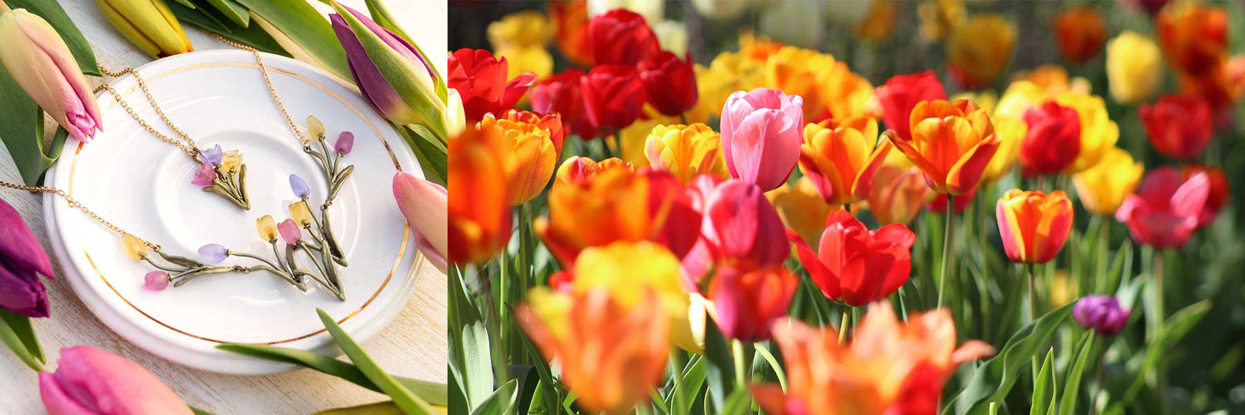 Gold necklaces with floral pendants rest on a white plate surrounded by tulips; next to them is a vibrant field of blooming red, yellow, and pink tulips.