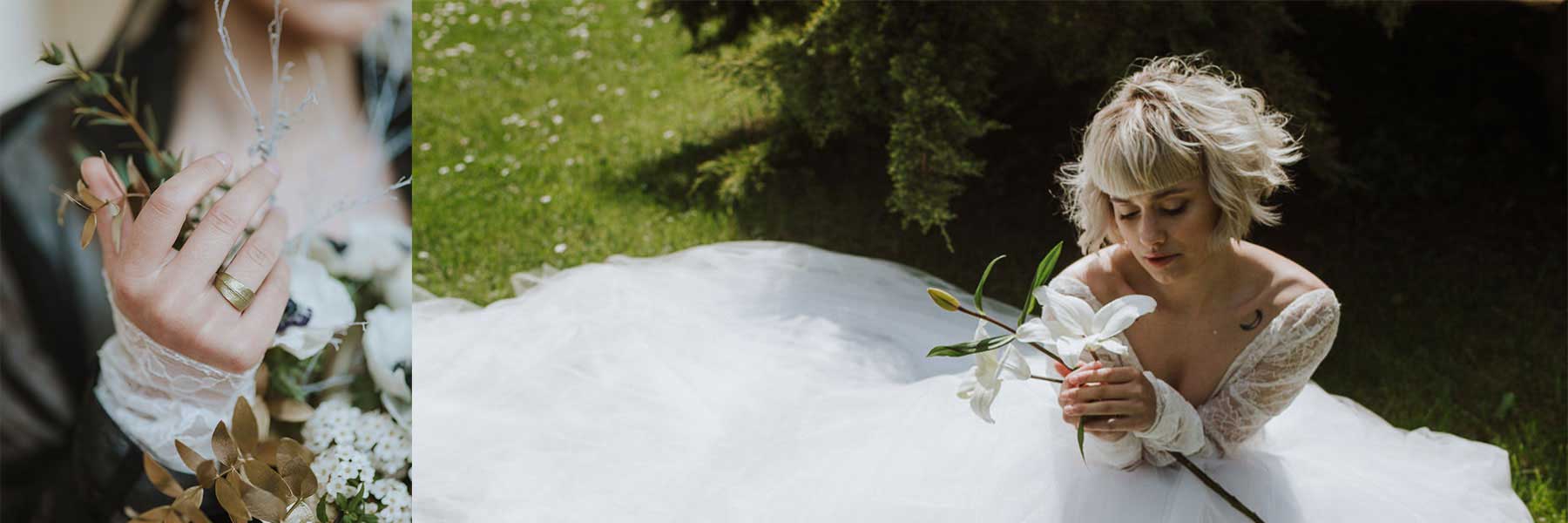 A bride in a white dress sits on the grass holding a white lily, with a close-up of her hand holding flowers shown on the left.