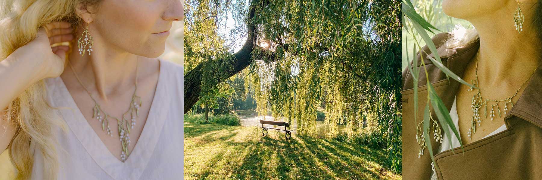 A woman models a matching leafy necklace and earrings; the jewelry is inspired by the willow tree in a sunlit park visible in the central photo.