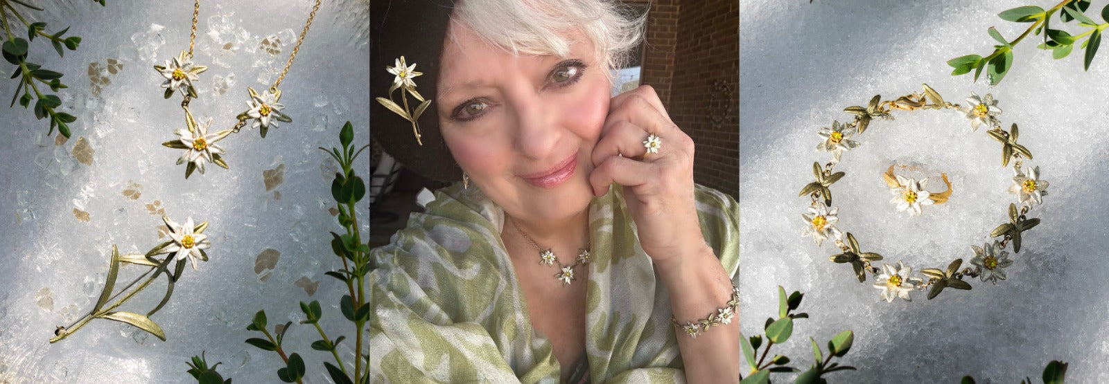A woman wearing floral jewelry poses, surrounded by close-up images of matching gold and white flower-themed necklace, ring, bracelet, and brooch displayed on ice and greenery.