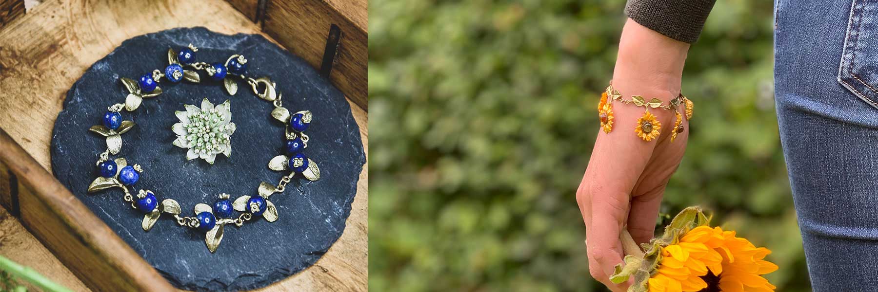 A close-up of a blue and gold floral bracelet on a slate plate, and a person wearing a sunflower-themed bracelet while holding a sunflower.