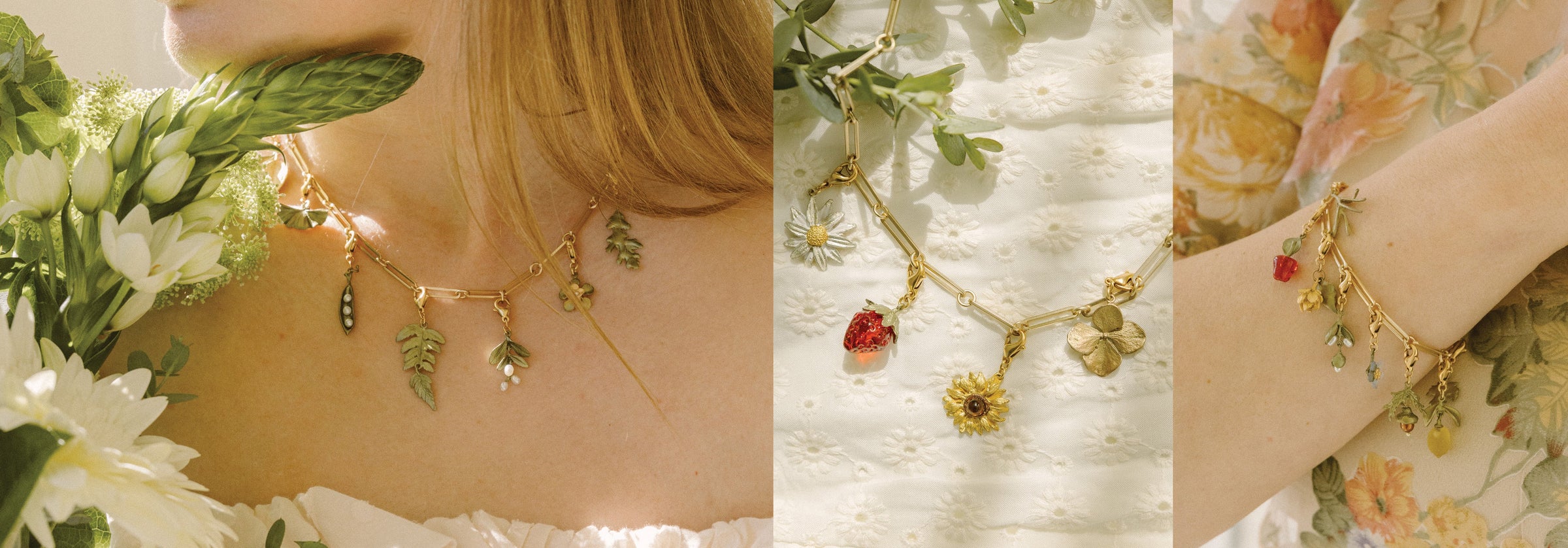 Three close-up shots of women wearing gold charm necklaces with various nature-inspired pendants, including leaves, flowers, and a strawberry, shown with floral-themed clothing and backgrounds.