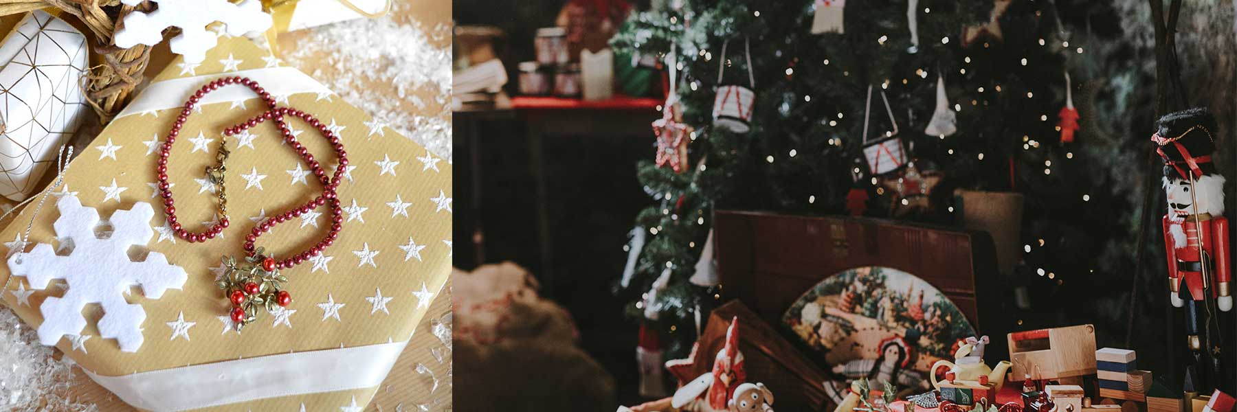 A beaded necklace on a star-patterned gift box is on the left, while a decorated Christmas tree and toys are on the right side of the image.