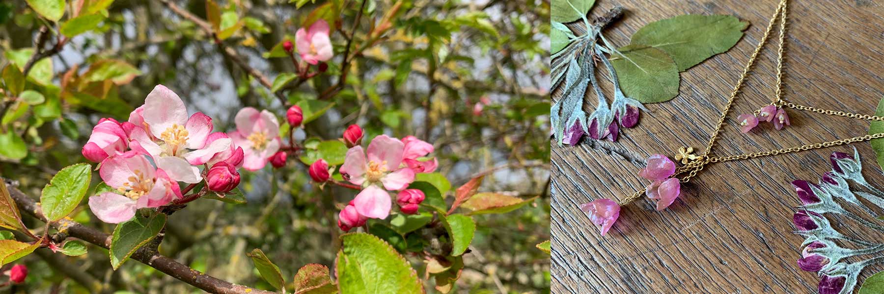 Pink and white apple blossoms on a branch are shown on the left; on the right, jewelry pieces with pink flower motifs rest on a wooden surface.