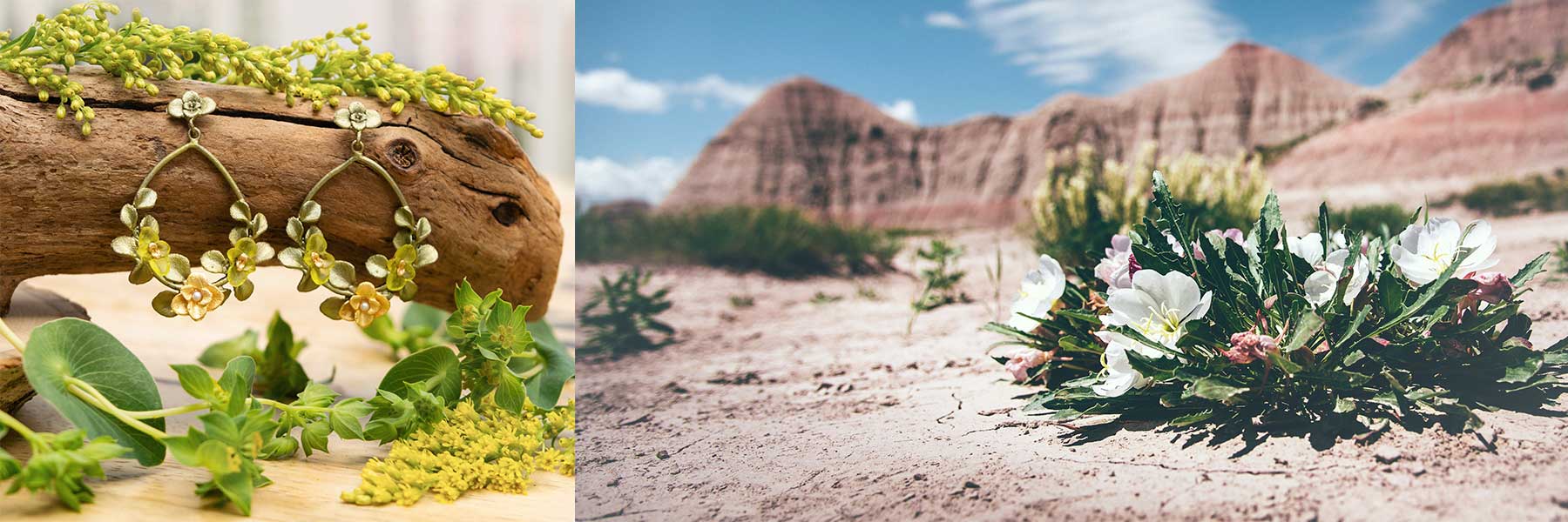 A pair of green gemstone earrings displayed on a wooden log with greenery, next to a desert landscape with blooming white flowers and rocky hills.