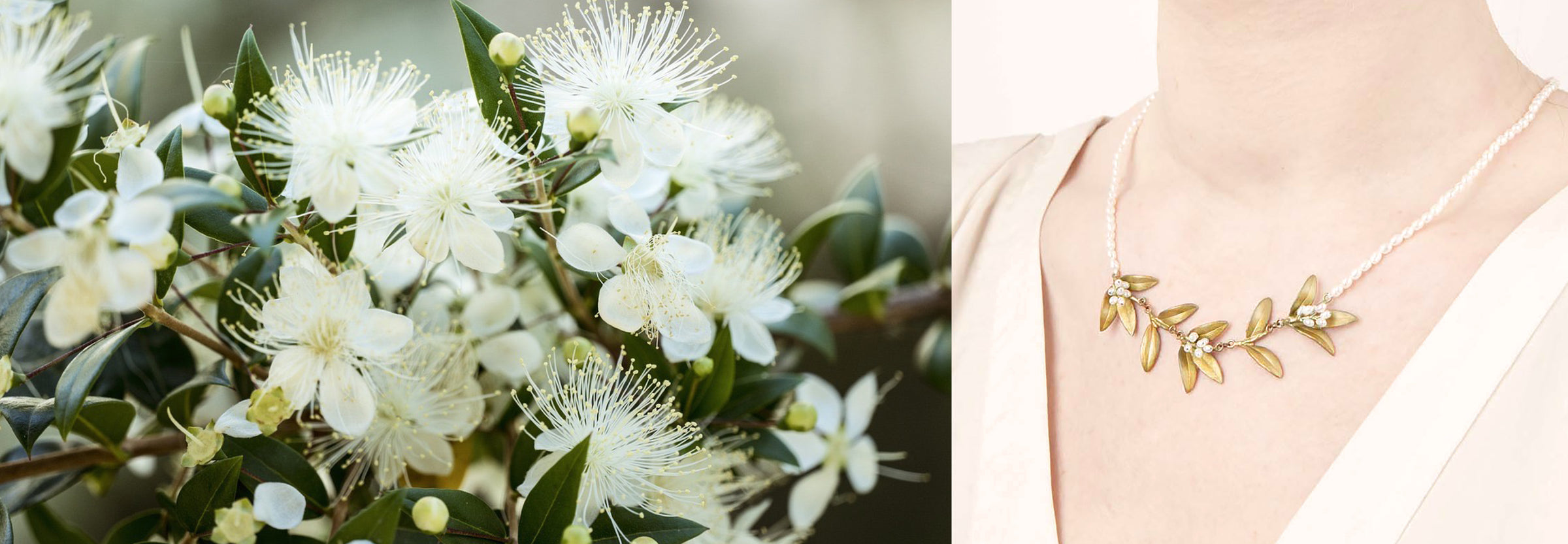 Close-up of white myrtle flowers on the left; on the right, a person wears a necklace with gold leaves and white beads, inspired by the myrtle plant.