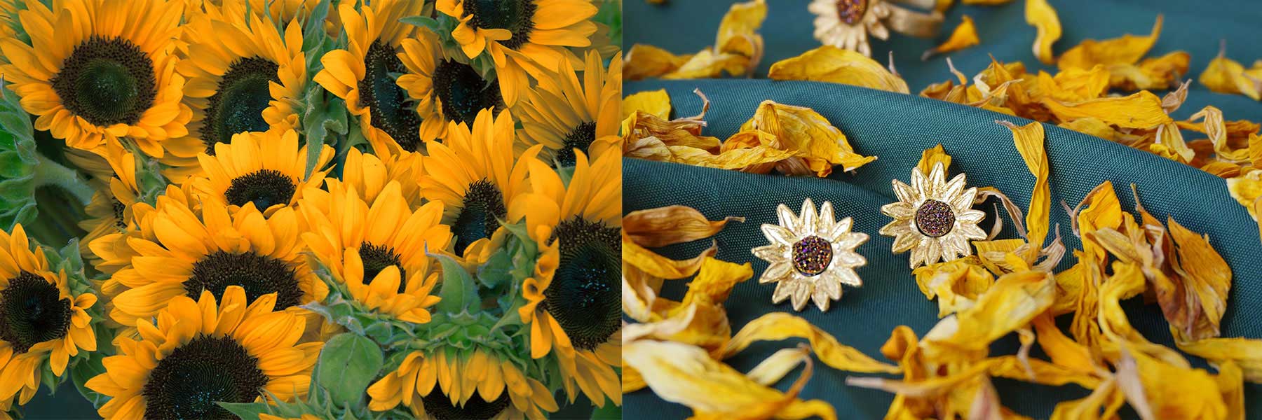 A cluster of fresh sunflowers is shown on the left, while sunflower-shaped earrings rest on dried petals and green fabric on the right.