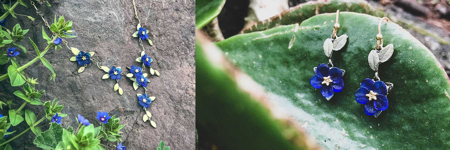 Two images show blue flower-shaped jewelry: a necklace and earrings placed on green leaves and a stone background.