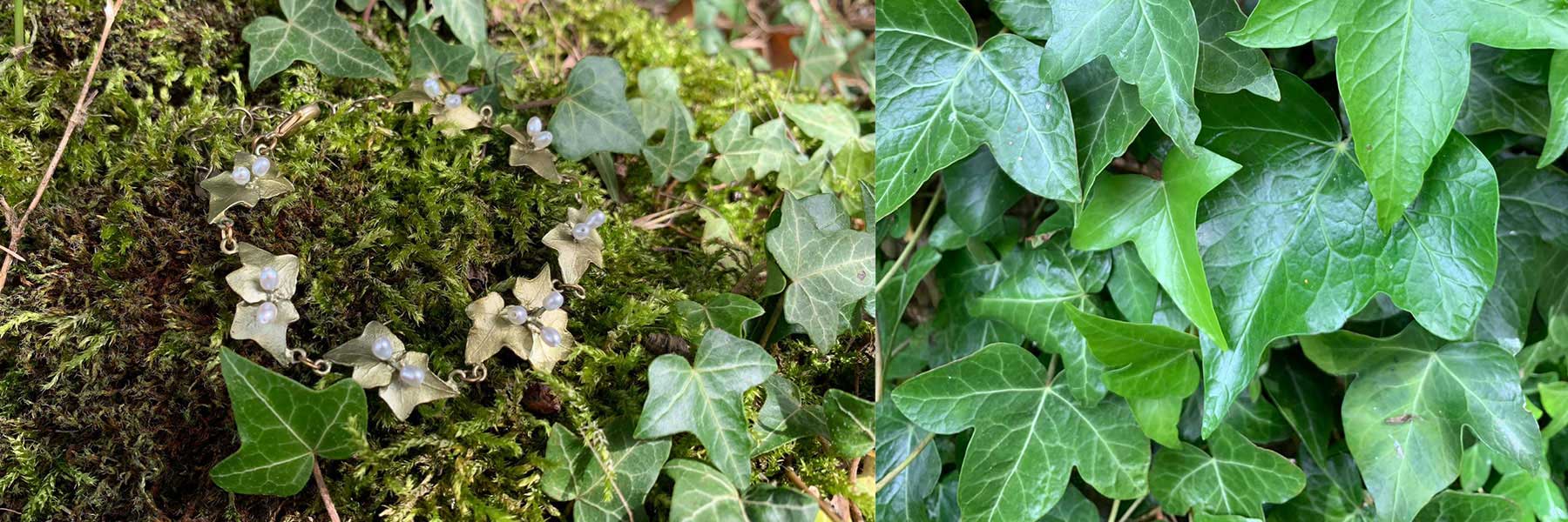 A bracelet with translucent, flower-shaped charms rests on moss and ivy leaves on the left; close-up of green ivy leaves on the right.