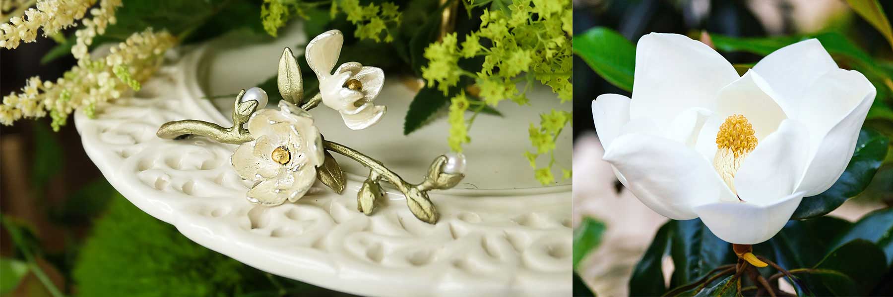 A white ceramic plate with a metallic floral decoration on the left, next to a blooming white flower with a yellow center on the right.