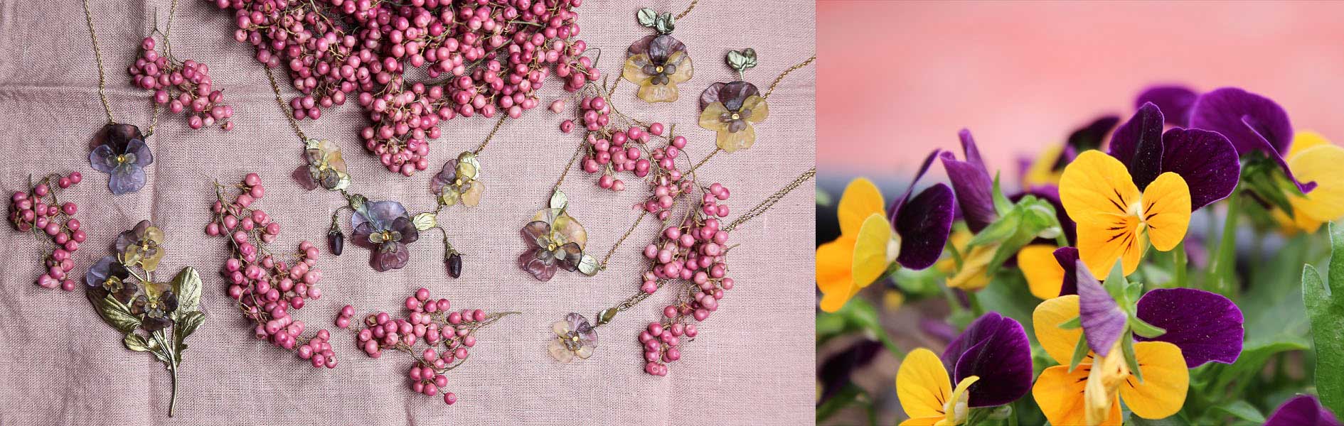 Pink berries and purple flower earrings are arranged on a pink cloth on the left; yellow and purple pansy flowers are shown blooming outdoors on the right.
