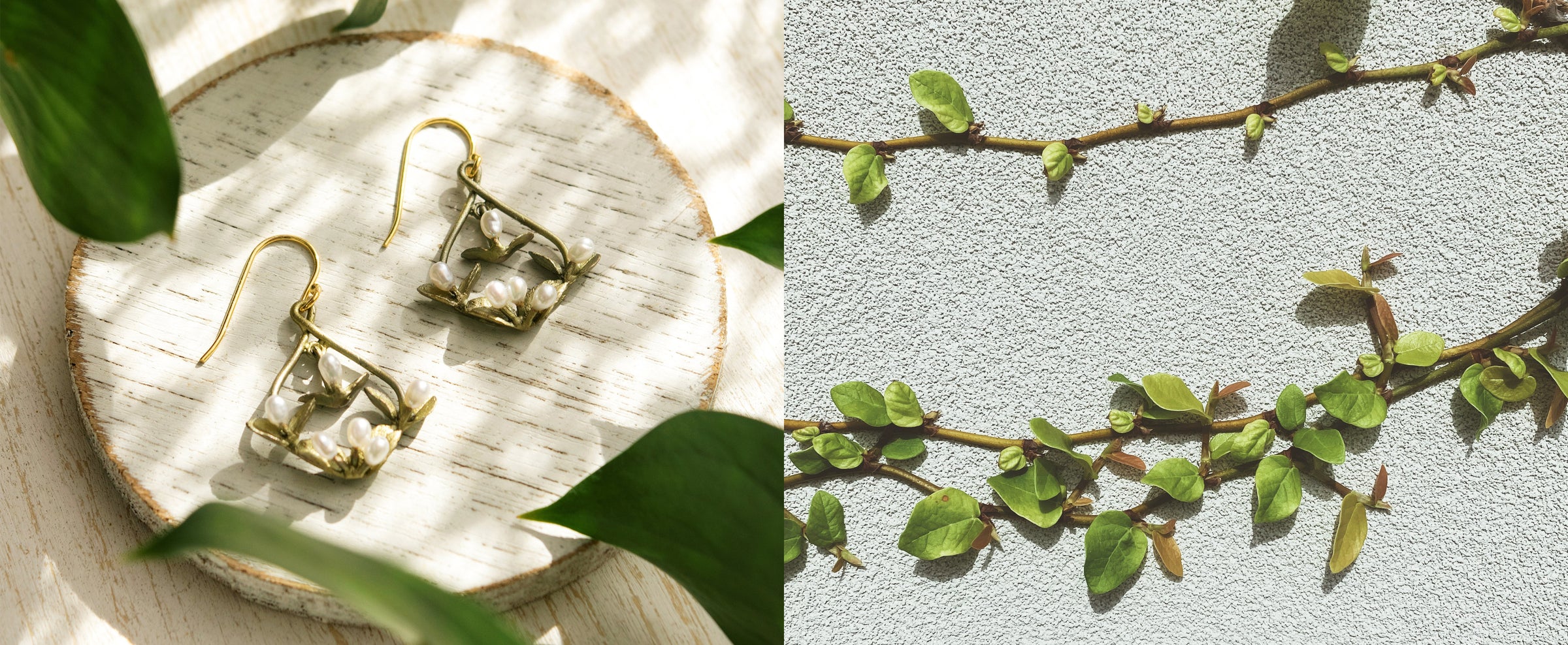 A pair of floral earrings on a round wooden tray is shown on the left; green vine with leaves on a textured white wall is on the right.