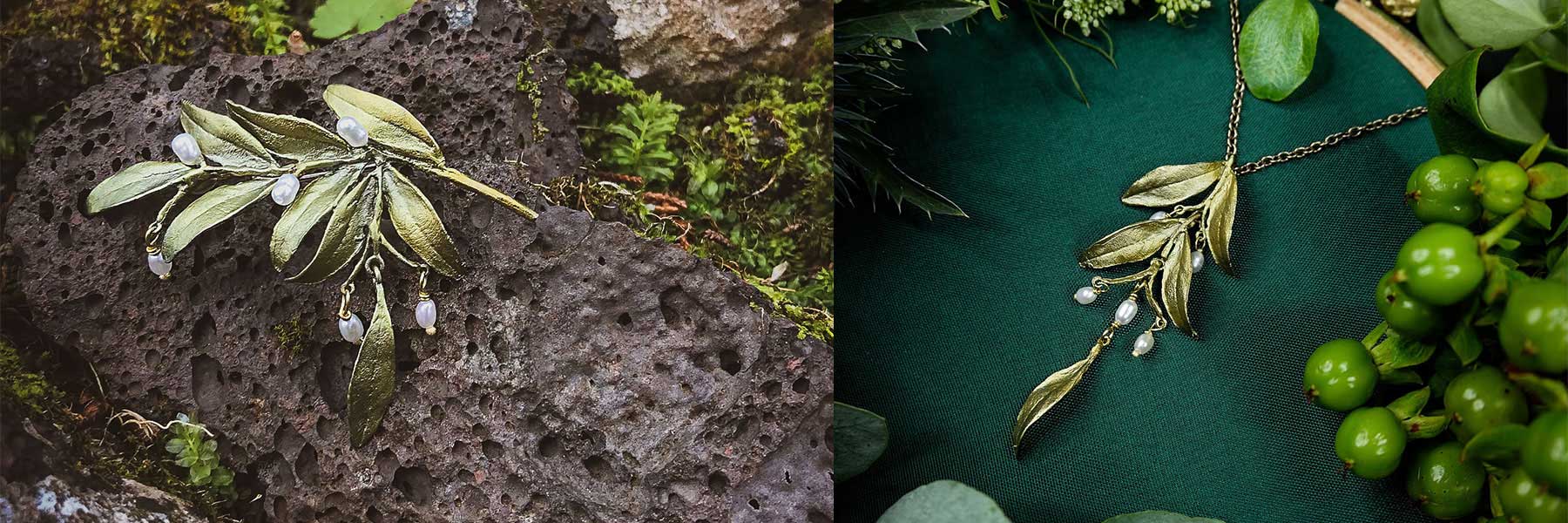 A gold and silver olive branch jewelry piece with white beads is shown on a dark rock outdoors and on a green fabric background with greenery indoors.