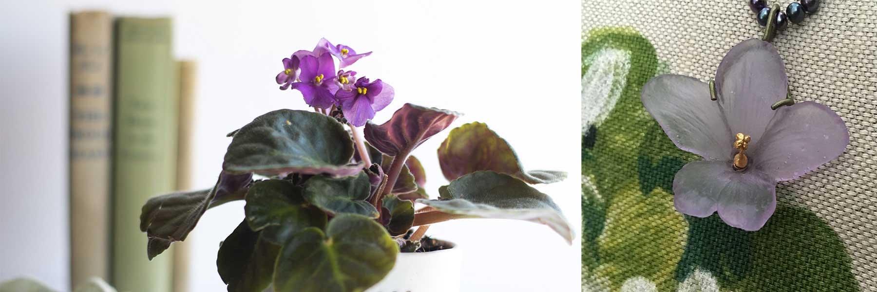 A potted African violet with purple flowers is on the left, and a close-up of a purple flower-shaped pendant or accessory is on the right.