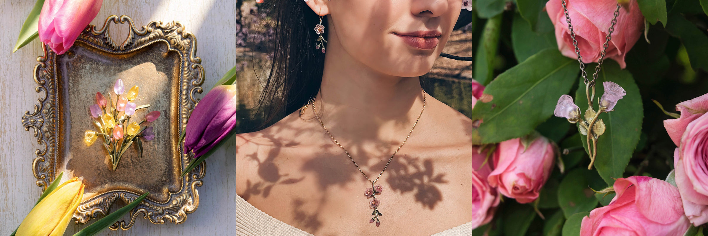 A collage showing a floral jewelry set: brooch on a tray with tulips, woman wearing matching necklace and earrings, and necklace laid among pink roses.
