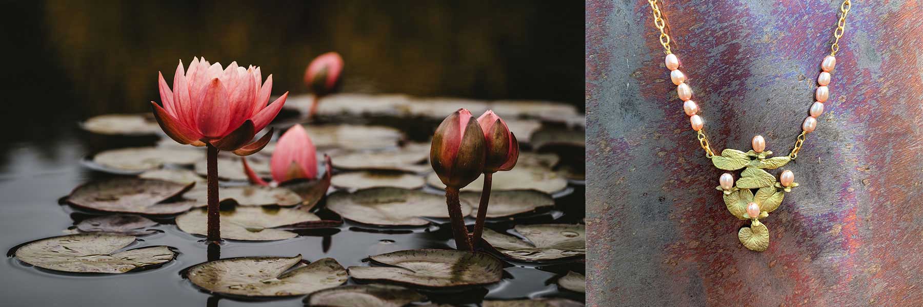 Pink lotus flowers and lily pads on water are shown on the left; a gold necklace with pearls and leaf accents is displayed on the right against a textured background.