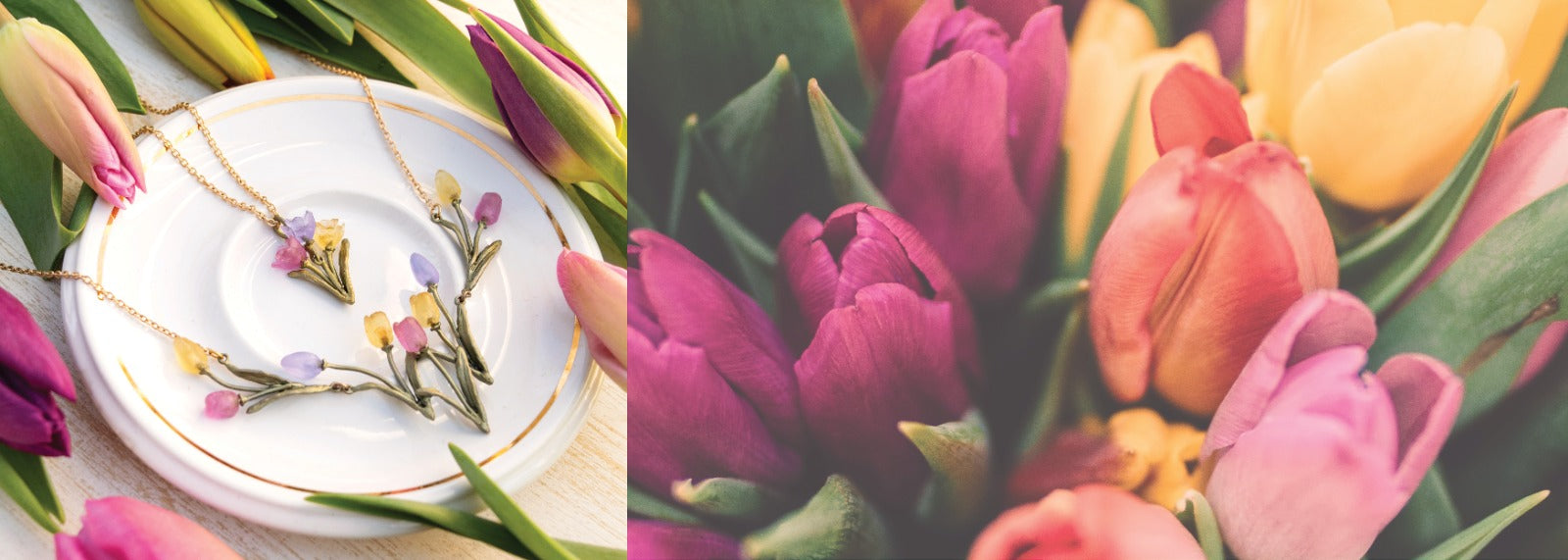 Gold necklaces with floral pendants rest on a white plate, surrounded by assorted colorful tulips; a close-up of tulips is shown on the right.
