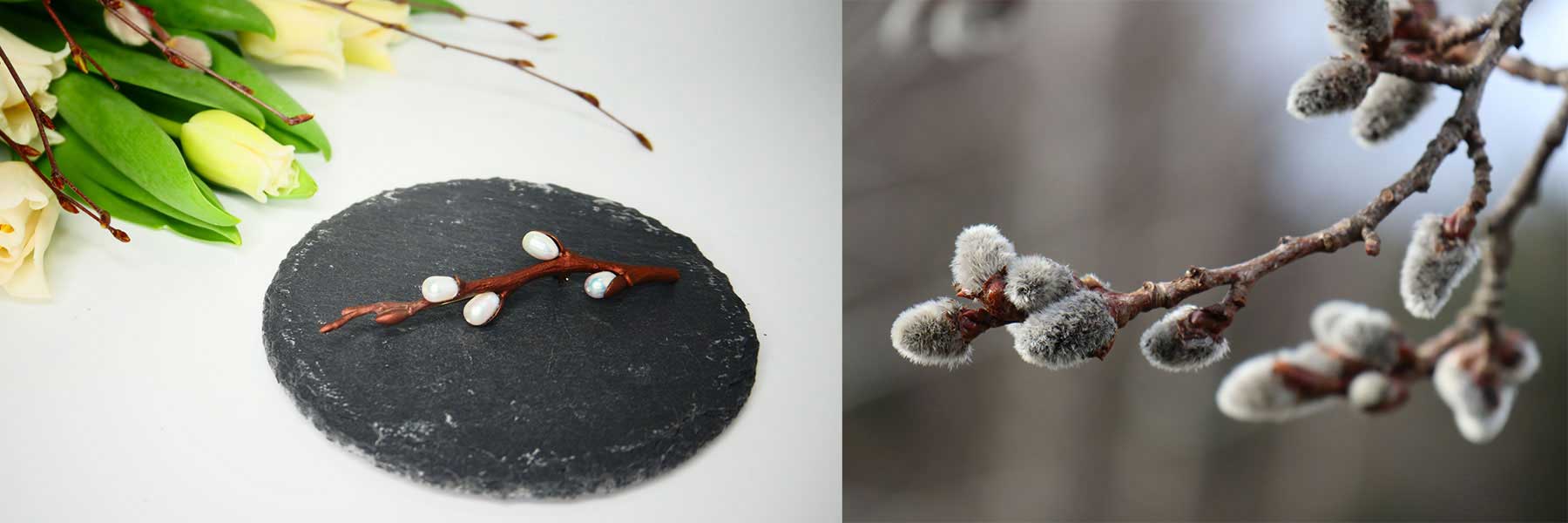 A close-up of a real pussy willow branch on the right and an edible replica on a black slate plate with yellow flowers on the left.