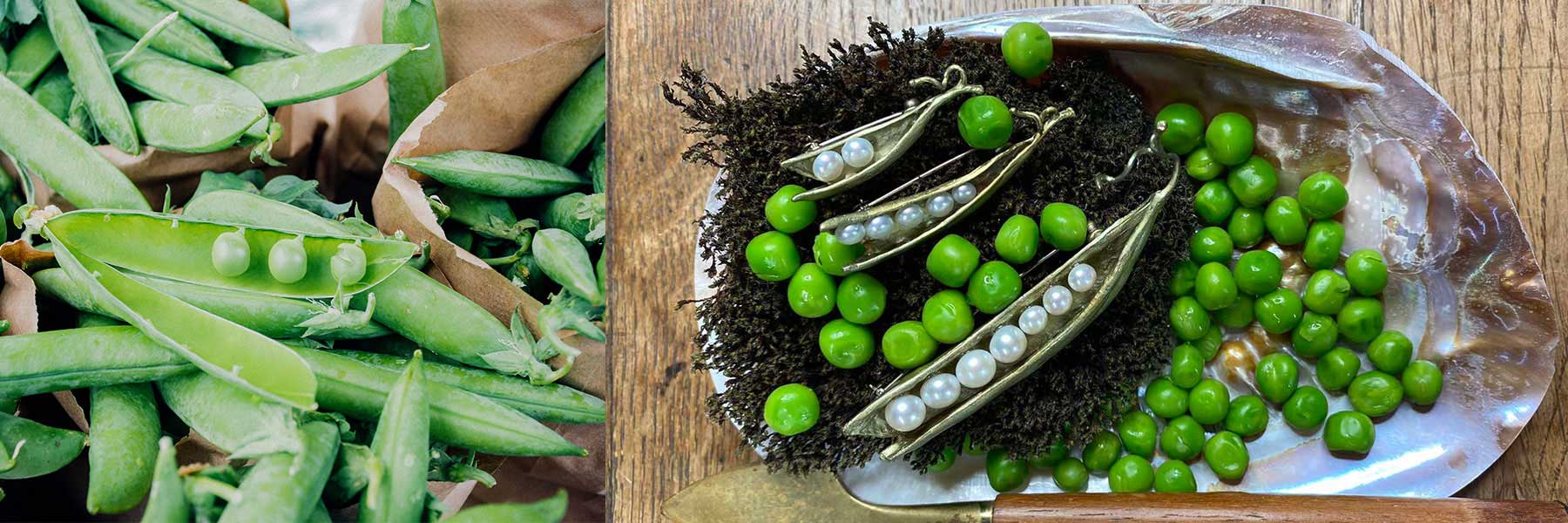 Close-up of green pea pods and loose peas on the left; on the right, pea pods filled with white pearls are displayed among real peas on a shell plate.
