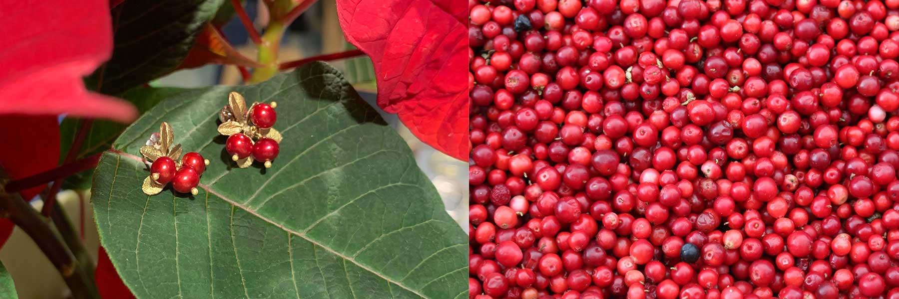 Pair of red bead earrings with gold leaves on a green leaf, next to a close-up of many small, round red berries.