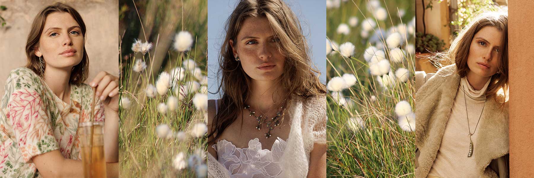 A woman with light brown hair is shown in three different outdoor settings, wearing light-colored clothing and surrounded by greenery and flowers in each scene.