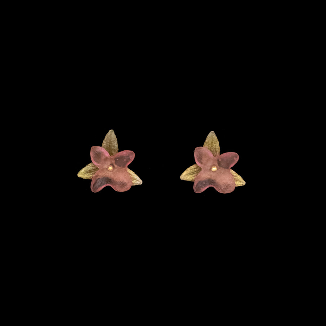 Image of the Michael Michaud Pink Hydrangea Earrings - Post Pink on a black background