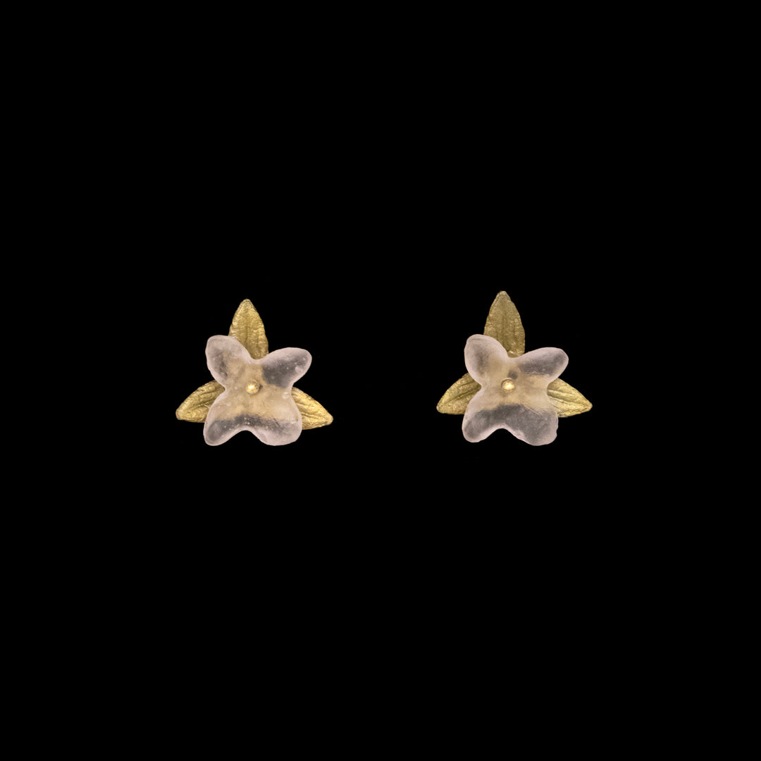 Image of the Michael Michaud Pink Hydrangea Earrings - Post Light Pink on a black background