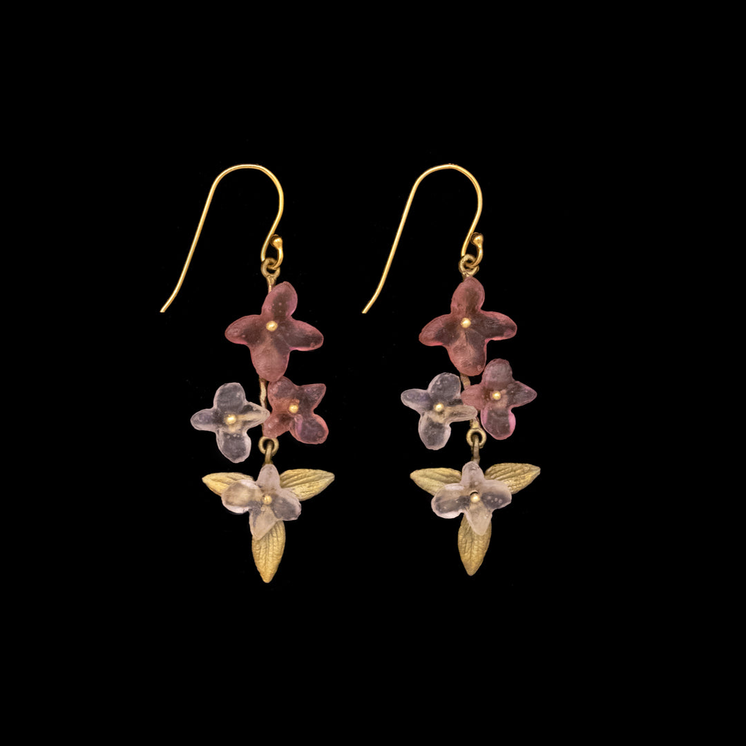 Image of the Michael Michaud Pink Hydrangea Earrings - Long Wire on a black background