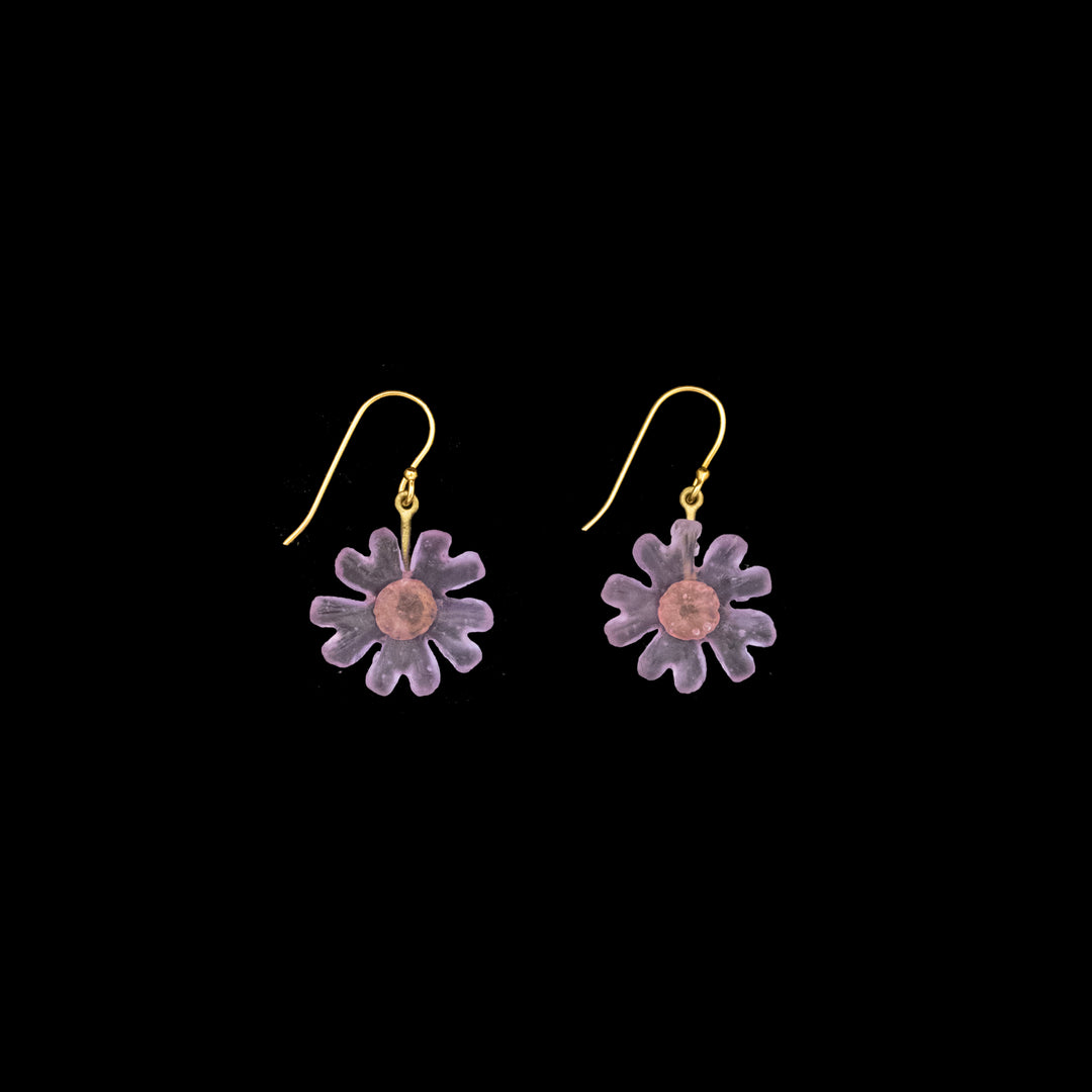 A pair of gold hook earrings featuring purple flower-shaped pendants with a textured center, displayed on a black background.
