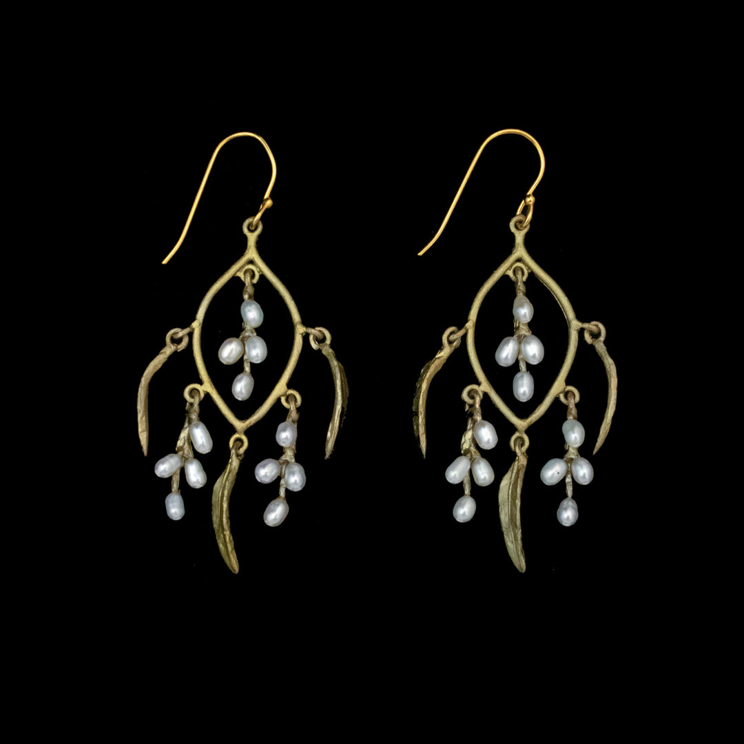 A pair of Weeping Willow Earrings - Hoop Wire in chandelier style, featuring green oval and almond-shaped loops with clusters of small white freshwater seed pearls, displayed on a black background.