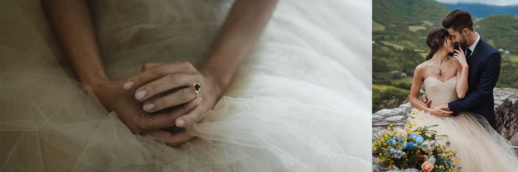 A close-up of hands resting on a tulle wedding dress is shown on the left, and on the right, a bride and groom embrace outdoors near a stone wall with green hills in the background and a bouquet of flowers nearby.