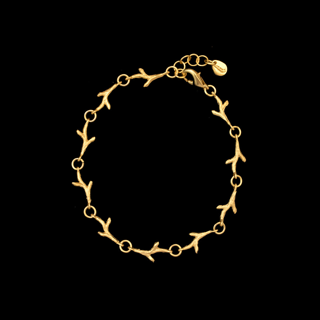 Golden bracelet with branch-like links and an adjustable clasp—plus a bracelet extender for the perfect fit—displayed on a black background.