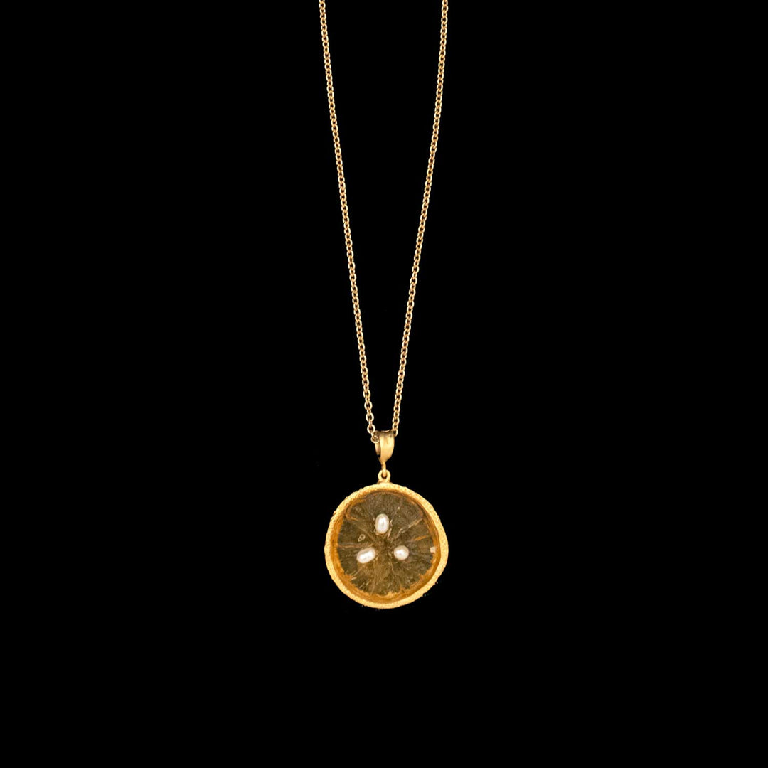 The Citrus Pendant - Orange is a gold chain necklace with a circular orange charm resembling a dried citrus slice, complete with gold rim and seed details. Set against a black background, it's perfect for fans of unique fruit-inspired jewelry.