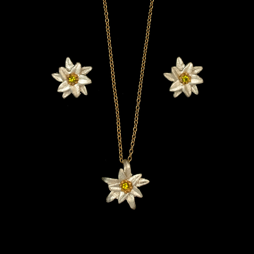 The Blossom Edelweiss Set includes a gold necklace and matching earrings shaped like edelweiss flowers with yellow centers, inspired by The Sound of Music, all displayed on a sleek black background.
