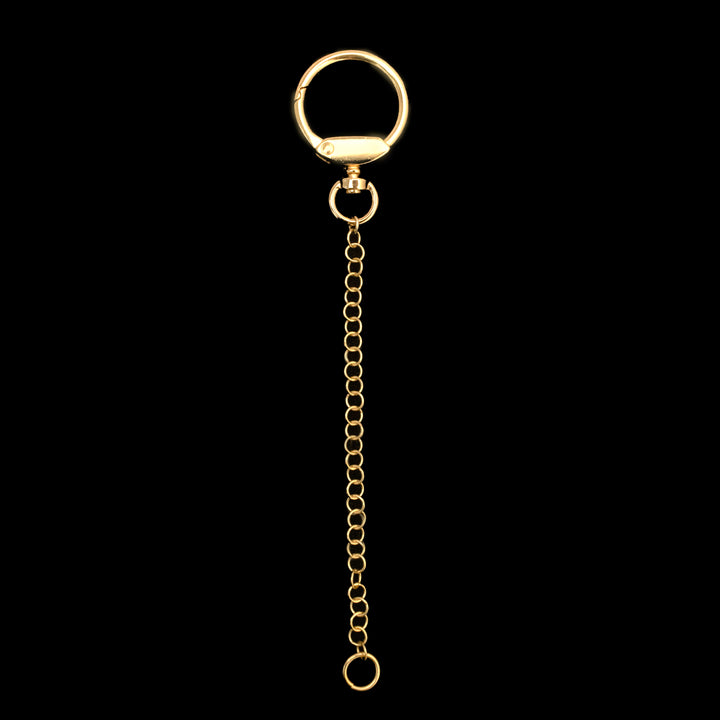 A gold keychain with a circular clasp at the top, a chain of interconnected links, and a small ring at the bottom, all set against a black background.