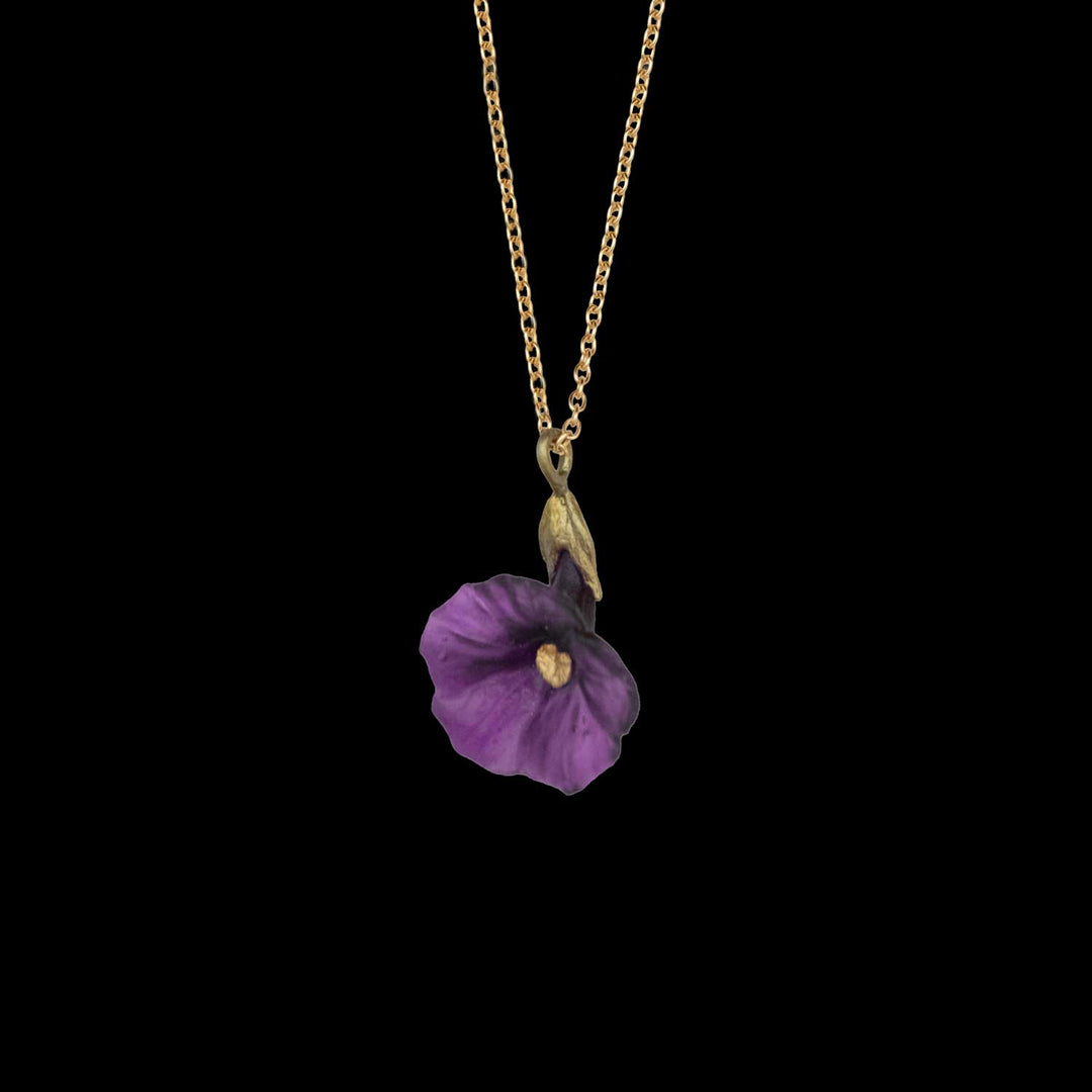 Gold chain necklace with a Petunia pendant shaped like a purple flower against a black background, perfect for lovers of nature-inspired jewelry.