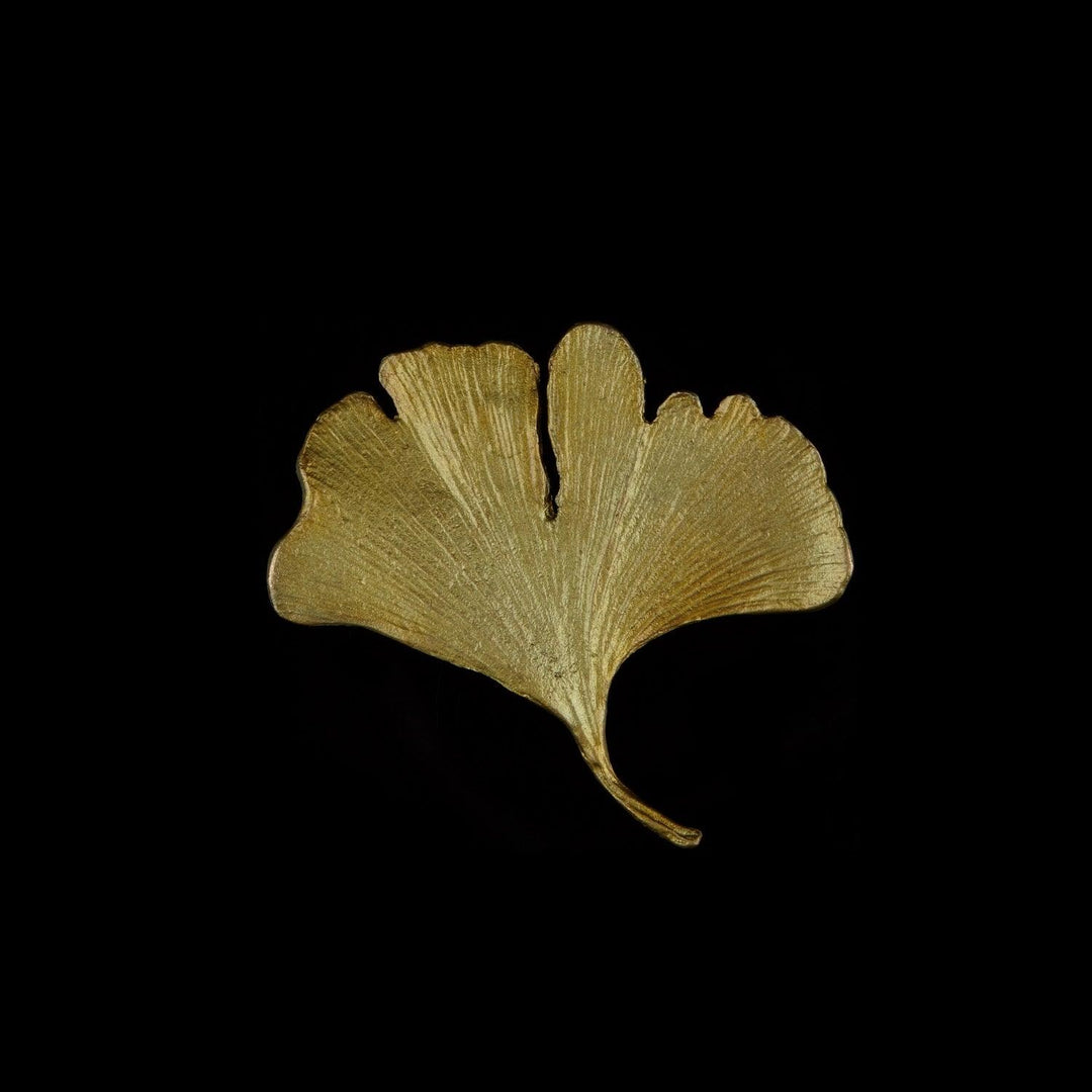 The Ginkgo Brooch - Dainty features a green, fan-shaped Ginkgo biloba leaf with textured edges, centered on a solid black background.