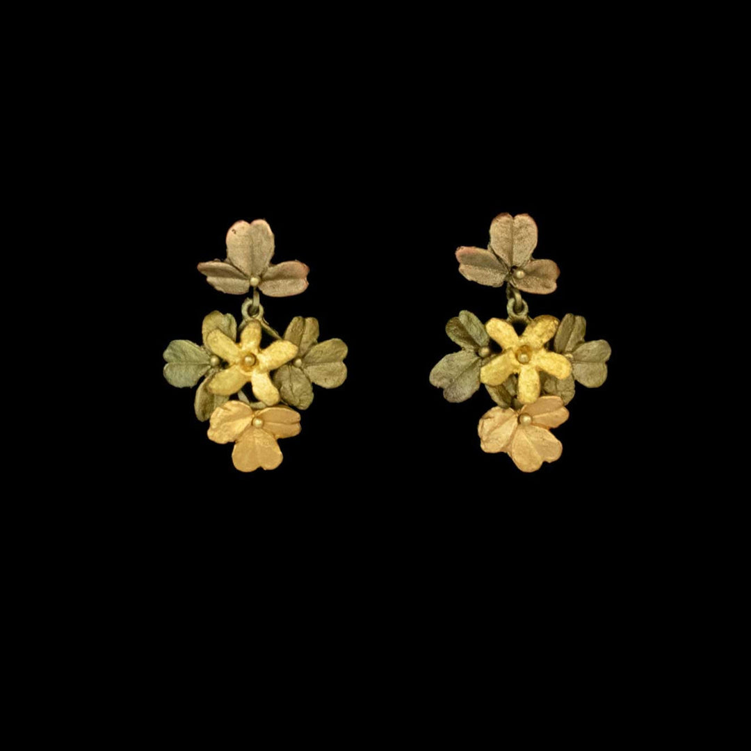 A pair of gold earrings featuring a cluster of three-petal floral designs against a black background, these nature inspired jewelry pieces beautifully echo the delicate charm of wood sorrel blooms.