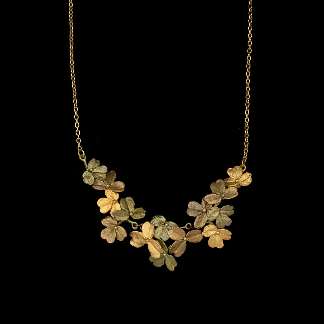 Gold chain necklace featuring a cluster of metallic, leaf-shaped pendants arranged in a V shape against a black background—an elegant piece of nature-inspired jewelry.